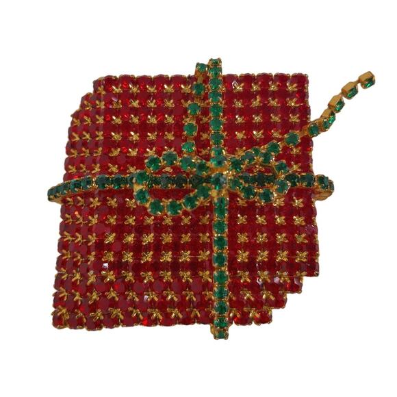 Vintage Christmas Present Gift Pin Brooch Red Rhinestones With Bow - Picture 3 of 6